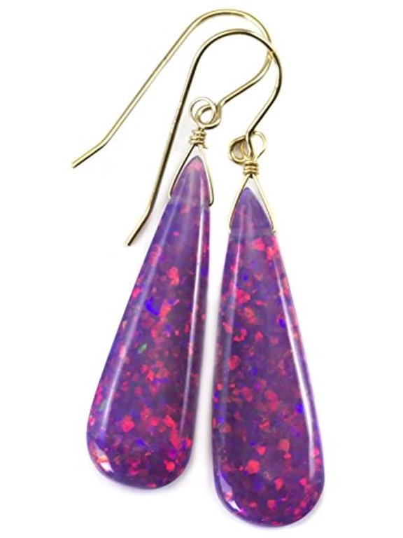 14k Gold Filled Opalite Simulated Opal Earrings Long Purple Lavender Smooth Teardrops Pink Green Designed for Adult Women