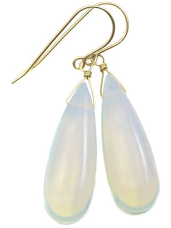 14k Gold Filled Opalite Simulated Opal Earrings Smooth Long Cut Teardrops White Rainbow Iridescent Simple Drops Designed for Adult Women