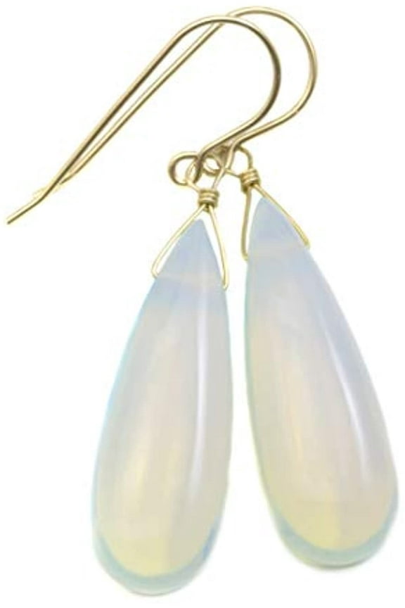 14k Gold Filled Opalite Simulated Opal Earrings Smooth Long Cut Teardrops White Rainbow Iridescent Simple Drops Designed for Adult Women