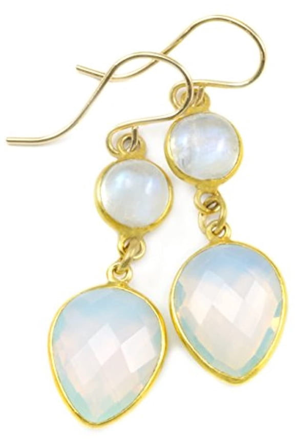 14k Gold Filled Opalite Simulated Opal Rainbow Moonstone Earrings Faceted Goldtone Bezeled Drops Long Designed for Adult Women