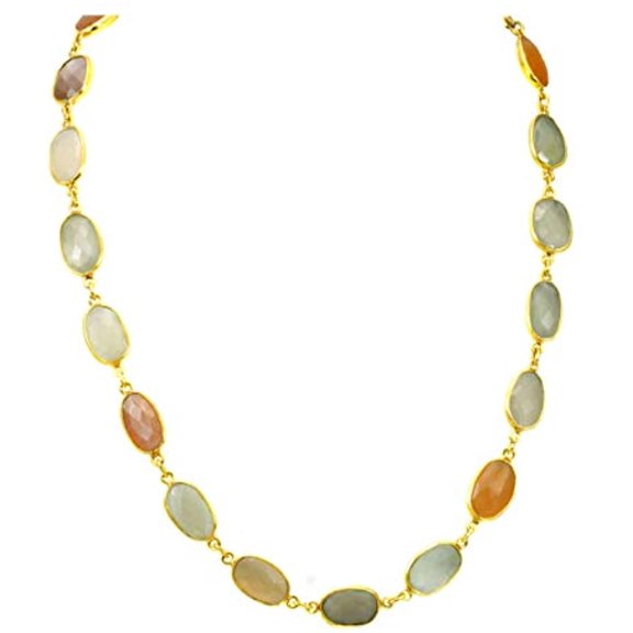 14k Gold Filled Peach White Grey Moonstone Necklace Gray Goldtone Bezel and Beaded Chain, 24" Designed for Adult Women