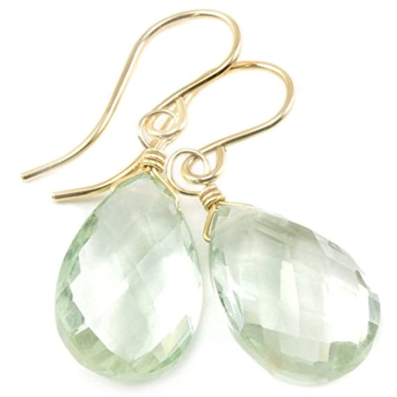 14k Gold Filled Prasiolite Earrings Soft Pale Green Faceted Cut Teardrops Dangles for Adult Women