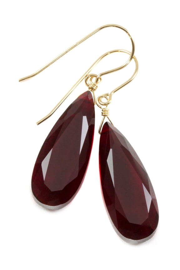14k Gold Filled Red Simulated Ruby Earrings Long Narrow Faceted Teardrops Simple Drops 1.5 Inch Designed for Adult Women