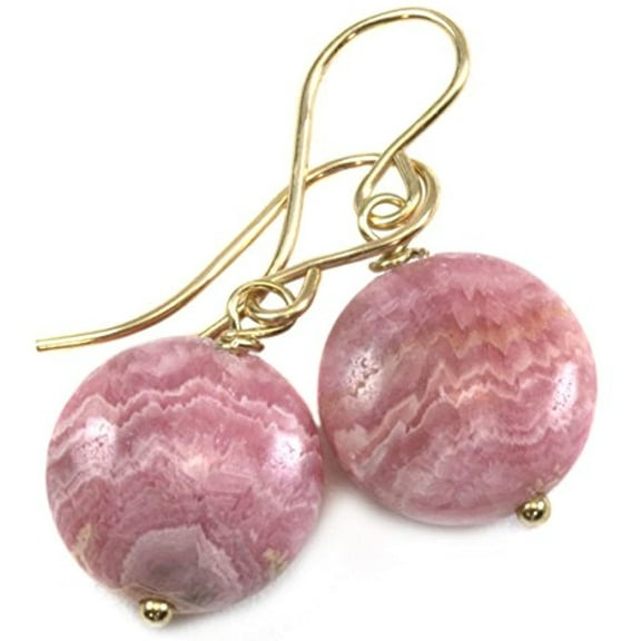 14k Gold Filled Rhodochrosite Earrings Earthy Soft Pink Smooth Round Button Teardrop Dangles Designed for Adult Women