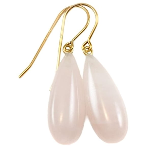 14k Gold Filled Rose Quartz Earrings Smooth Long Soft Pale Pink Teardrop Simple Dangle Drops Designed for Adult Women