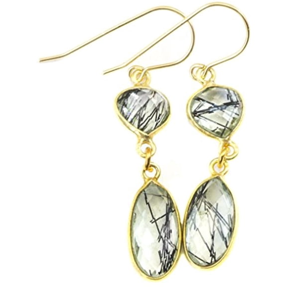 14k Gold Filled Simulated Black Tourmalated Rutile Quartz Earrings Double Hung Drops Oval Goldtone Bezeled Designed for Adult Women
