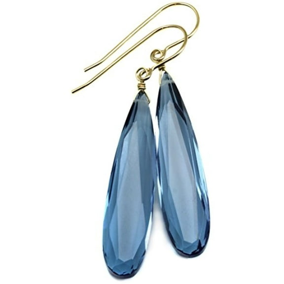14k Gold Filled Simulated London Blue Topaz Earrings Long Narrow Faceted Teardrops Simple 2 Inch