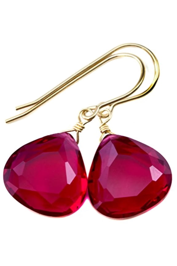 14k Gold Filled Simulated Sapphire Hot Pink Earrings Faceted Heart Shaped Briolette Drops Designed for Adult Women