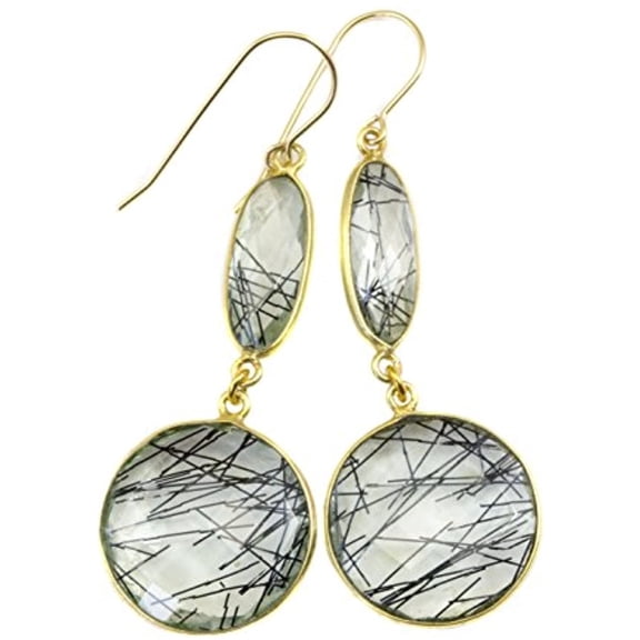 14k Gold Filled Simulated Tourmalated Black Rutile Quartz Earrings Double Hung Drops Long Goldtone Bezeled Designed for Adult Women