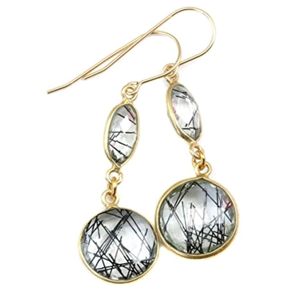 14k Gold Filled Simulated Tourmalated Black Rutile Quartz Earrings Double Hung Drops Round Goldtone Bezeled Designed for Adult Women