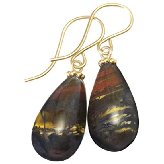 14k Gold Filled Tiger's Iron Eye Earrings Fat Rounded Golden Teardrops Smooth Cut Spyglass Designs