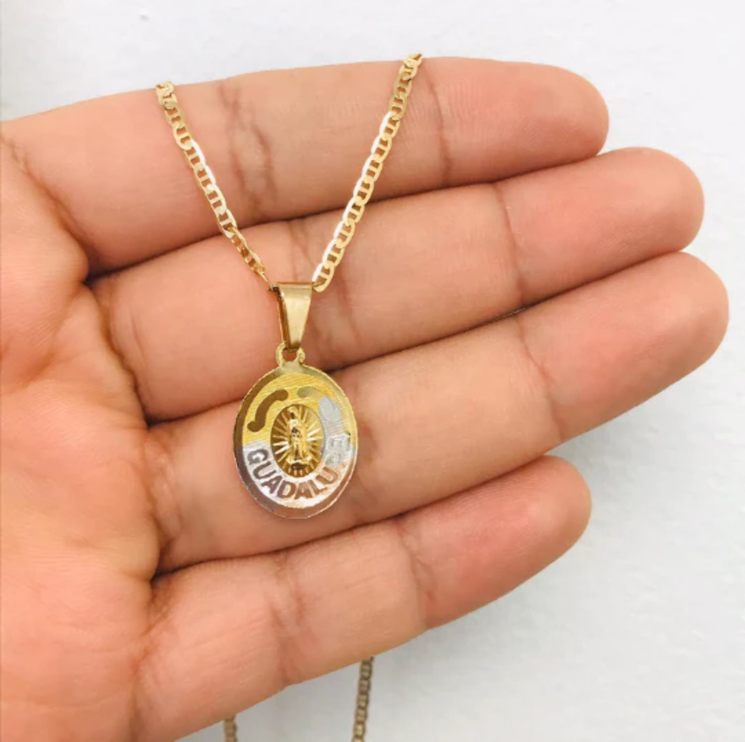 14k Gold Filled Virgen de Guadalupe Necklace / Mariner Link Chain