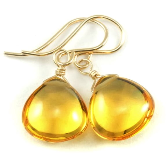 14k Gold Filled Yellow Simulated Citrine Earrings Smooth Heart Drops Simple Small Dangles Designed for Adult Women