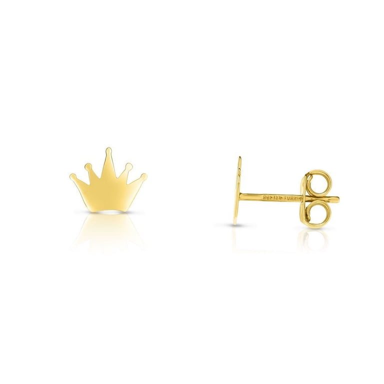 14k Gold Finish Shiny Fancy Post Crown Earrings With Push Back