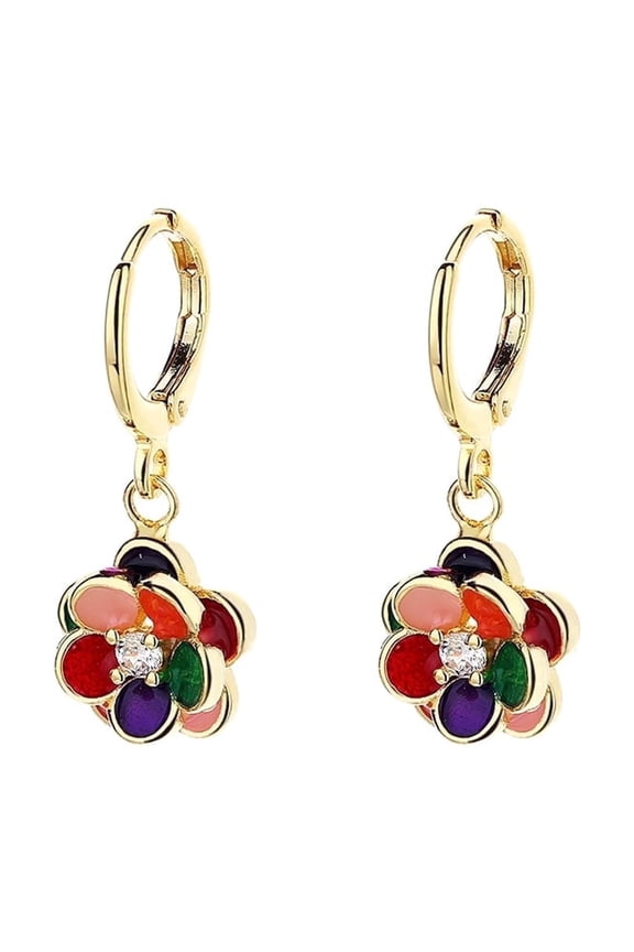 14k Gold Plated Floral Dangle Drop Earrings with Crystals