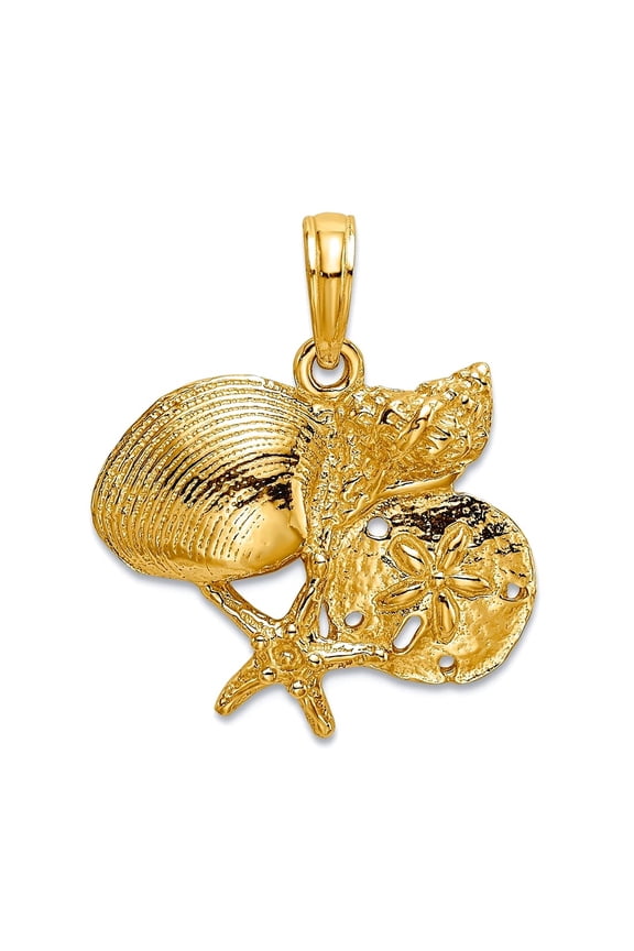 14k Gold Four Shell Cluster With Sand Dollar 2-d Charm 23x19.16mm Wide 3.2mm Thick Pendant Necklace for Women