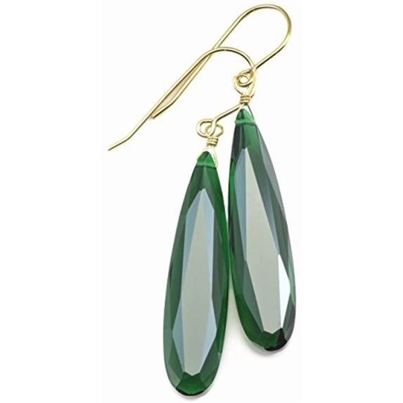 14k Gold Filled Green Simulated Emerald Earrings Long Narrow Faceted Teardrops Simple Drops 2 Inch Designed for Adult Women and s