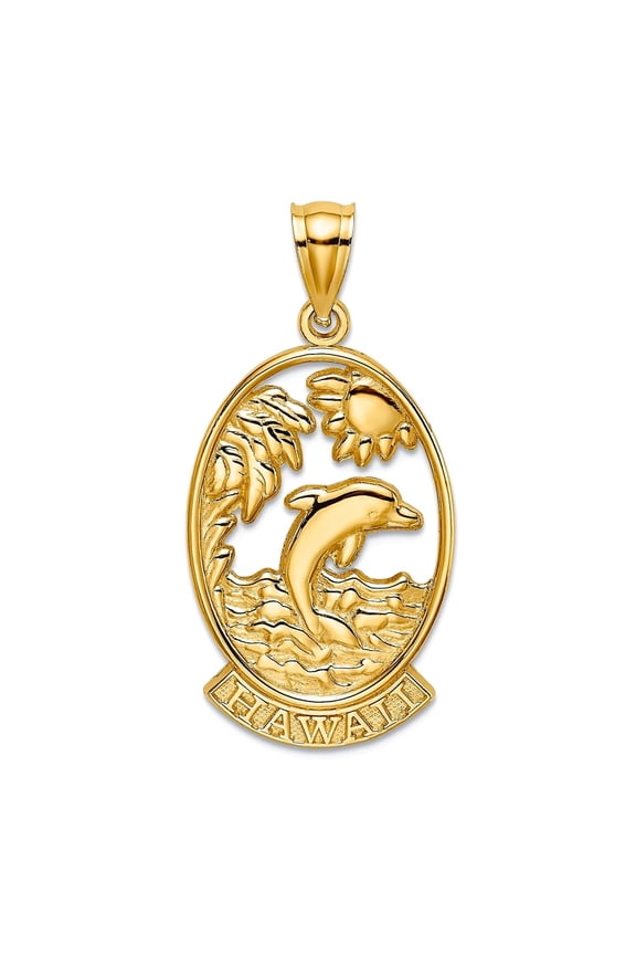 14k Gold Hawaii With Dolphin and Waves In Oval Charm 30.3x15.3mm Wide 1.25mm Thick Pendant Necklace for Women