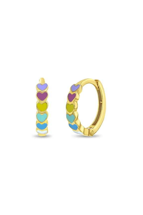 14k Gold Heart Cascade Kids / Children's / Girls Earrings Hoop Enamel
