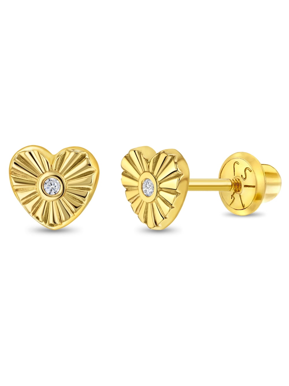 14k Gold Heart Rays Clear CZ Kids / Children / Girls Earrings Safety Screw Back