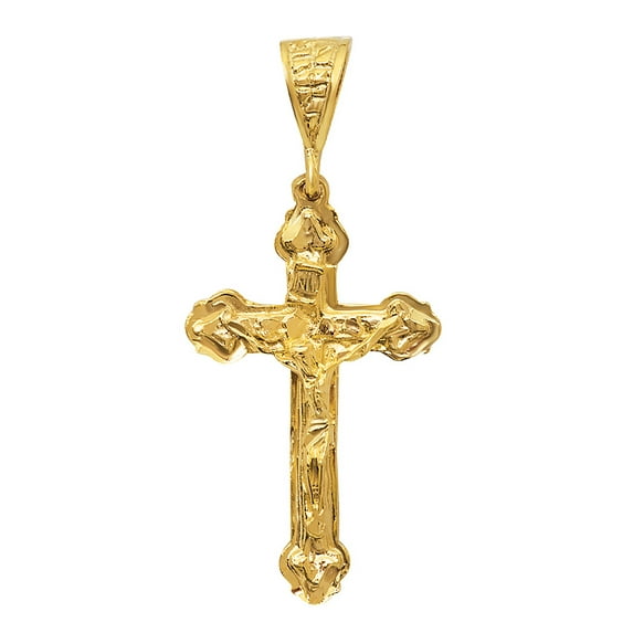 14k Gold Heavy Plated Budded Trefoil Crucifix Cross Pendant + Rope Chain Necklace Set, 30 inches - Premium Gift Box