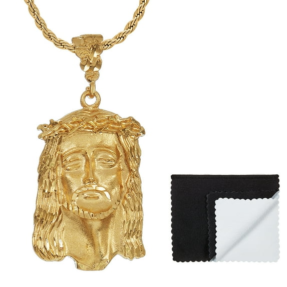 14k Gold Heavy Plated Crown Of Thorns Jesus Face Pendant + Rope Chain Necklace Set, 30 inches - Premium Gift Box