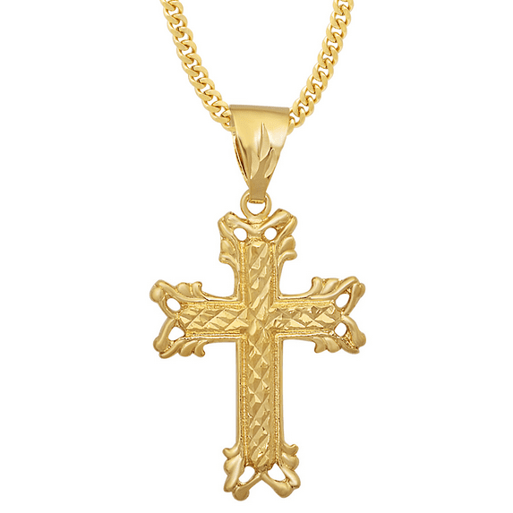 14k Gold Heavy Plated Diamond-Pattern Maltese Cross Pendant + 30 inch 4mm Curb Chain Necklace Set