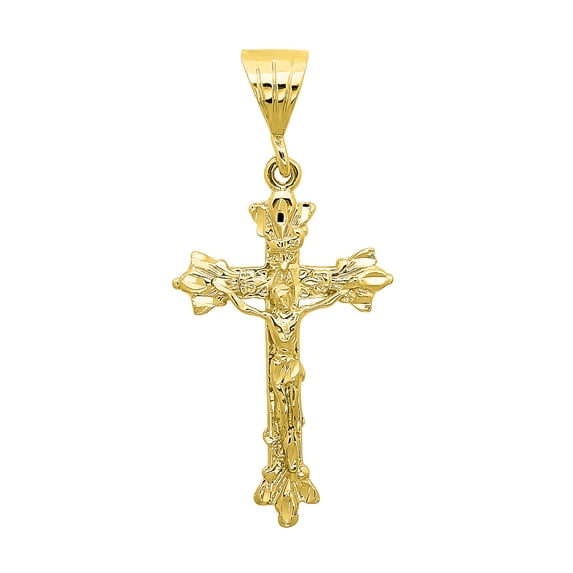 14k Gold Heavy Plated Fleur-de-Lis Trefoil Crucifix Cross Pendant + Rope Chain Set, 24 inches - Premium Gift Box