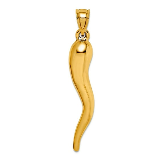 14k Solid Yellow Gold Hollow Italian Horn Pendant Necklace 42x8.5mm Wide Pendant for Women