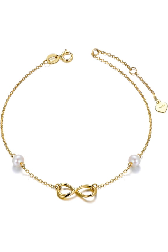 14k Gold Infinity Bracelet for Women, Real Pearl Love Knot Bracelet, 6.9"+0.7"+0.7"