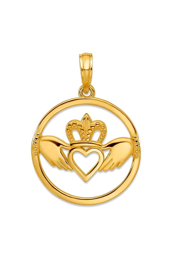 14k Gold Irish Claddagh Celtic Trinity Knot Circle Pendant Necklace 20x18mm Wide Pendant for Women