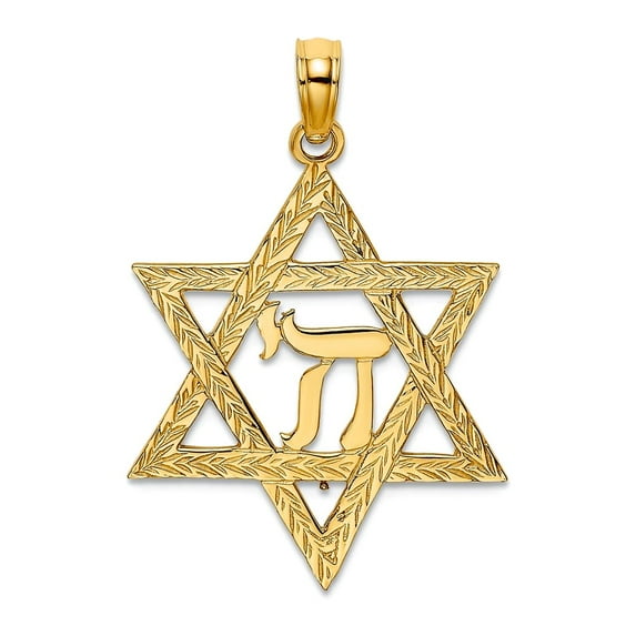 14k Gold Jewish Star With Chi Center Jewish Charm 26.8mm long Pendant Necklace for Women - 1.2 Grams