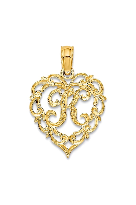 14k Gold K Script Letter Name Personalized Monogram Initial In Love Heart Pendant Necklace 17.3x12.57mm Wide 0.6mm Thick