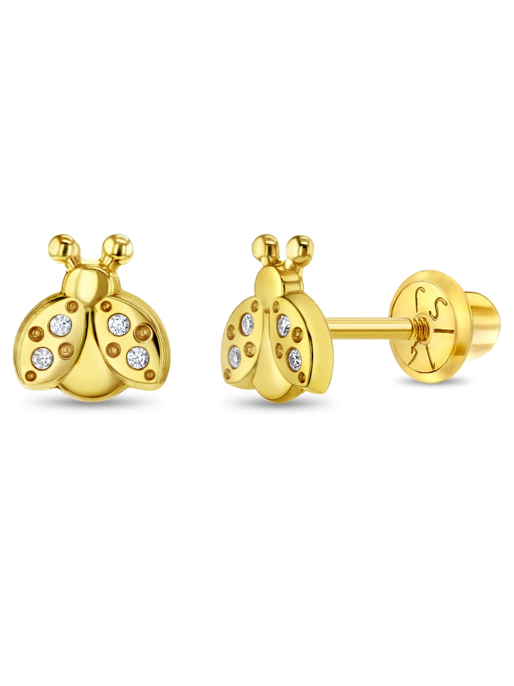 14k Gold Ladybug Clear CZ Kids / Children's / Girls Earrings Safety Screw Back
