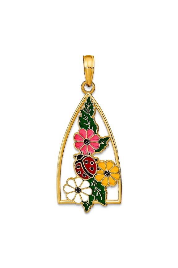 14k Gold Ladybug Triangle Stained Glass With Enamel Charm 29x13.3mm Wide Pendant Necklace for Women