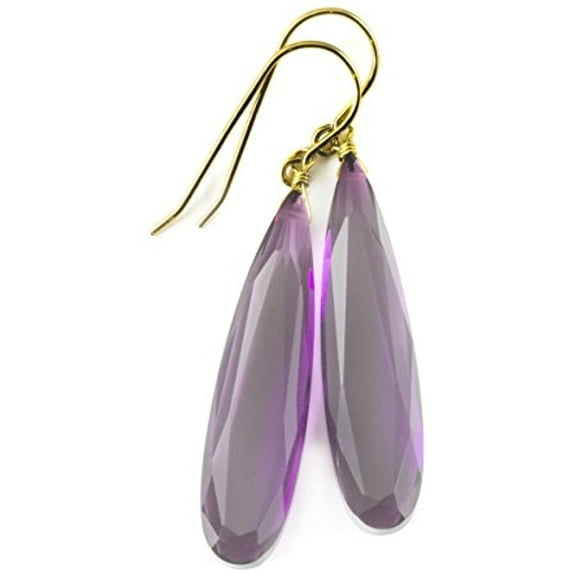 14k Gold Light Purple Simulated Amethyst Earrings Long Narrow Faceted Teardrops Simple Drops 2 Inch for Adult Women