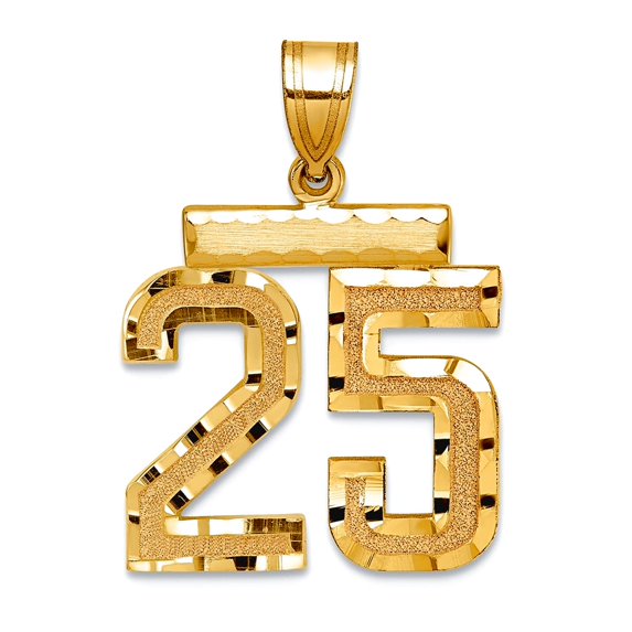 14k Solid Yellow Gold Medium Sparkle-Cut Sport game Number 25 Charm Pendant Necklace for Women