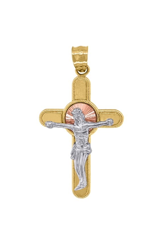 14k Gold Mens Tri-Color Cross Crucifix Religious Charm Pendant