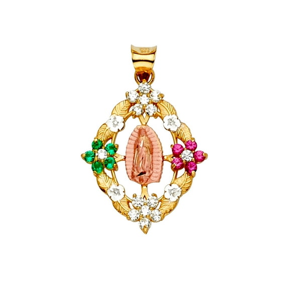 14k Gold Mexican Cubic Zirconia Guadalupe Pendant Necklace 18x27mm Pendant for Women - 1.9 Grams