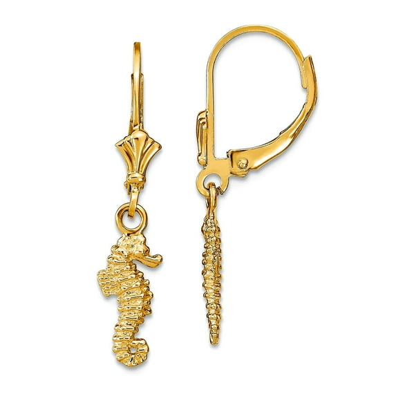14k Gold Mini 3-d Seahorse Leverback Earrings 29.15mm long Stud Earring for Women - 1.7 Grams