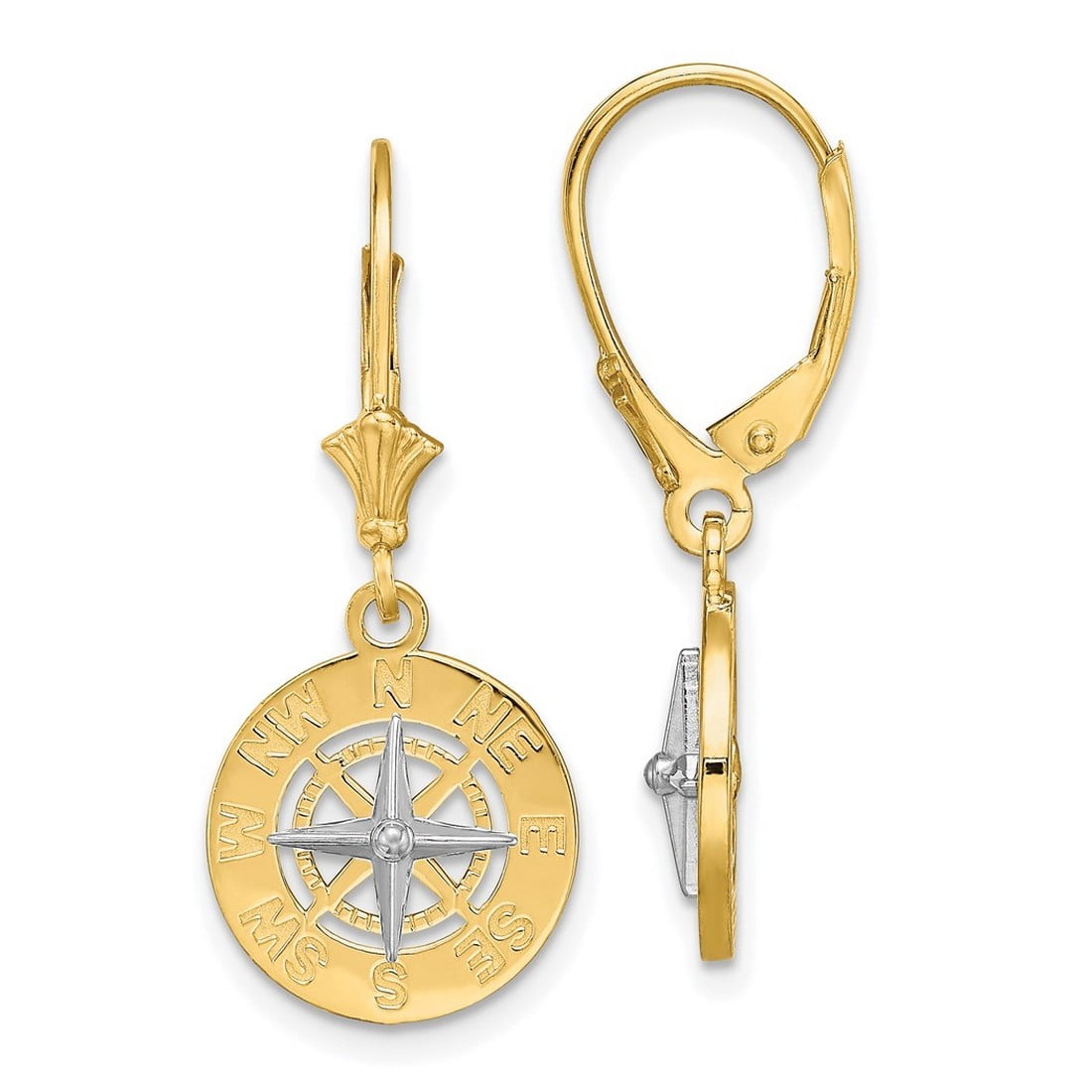 14k Gold Mini Nautical Compass L.back Earrings White Needle 30.5mm long ...