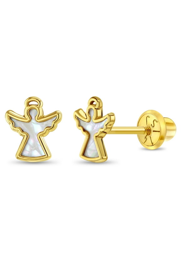 14k Gold Mother of Pearl Angel Kids / Children's Earrings Safety Screw Back