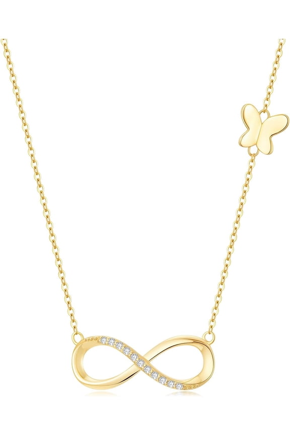 14k Gold Natural Diamond Infinity Necklace for Women, Butterfly Love Jewelry Gifts for Her (16-18 Inch 14k Gold Chain)