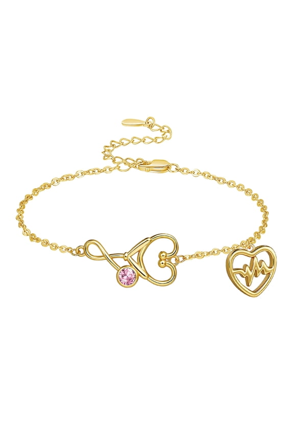 14k Gold Nurse Bracelet for Women Heart Heartbeat Stethoscope Bracelet Appreciation Graduation Nurses Gifts Birthstone Jewelry