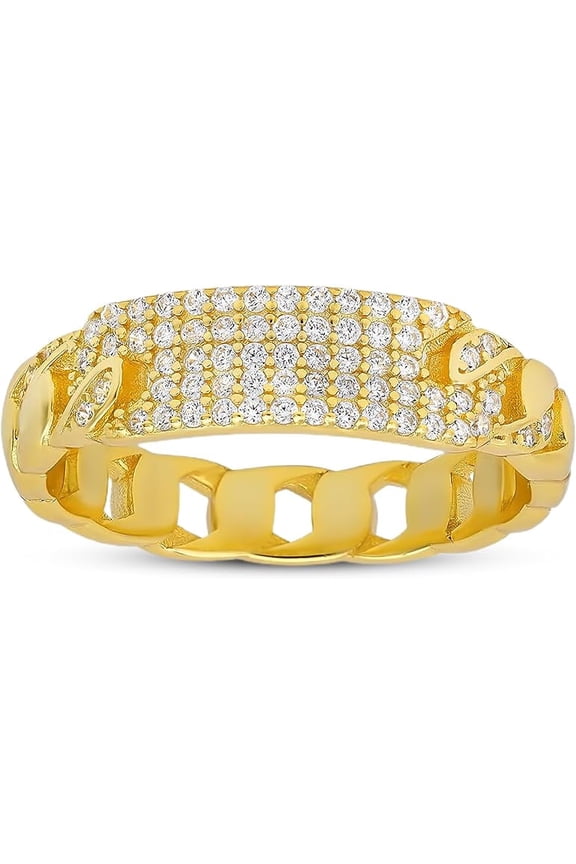 14k Gold Over Silver Cubic Zirconia CZ Curb Link ID Ring