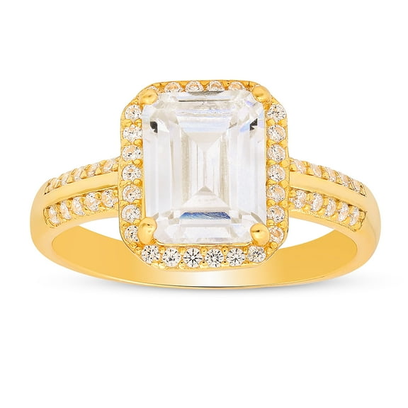 14k Gold Over Silver Emerald-cut Halo Cubic Zirconia CZ Ring