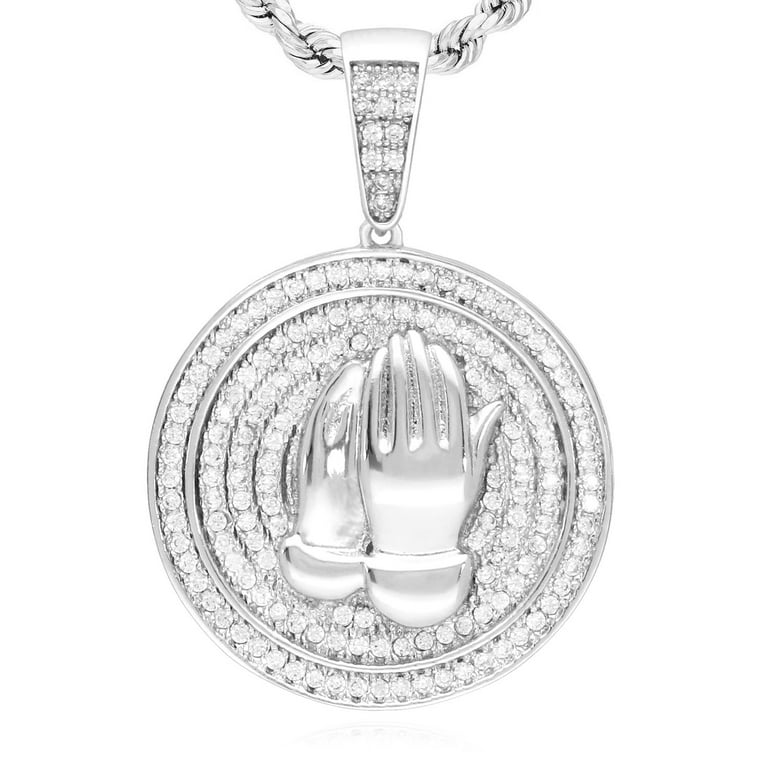 14k Gold Over Silver Simulated Diamond Praying Hands Medallion