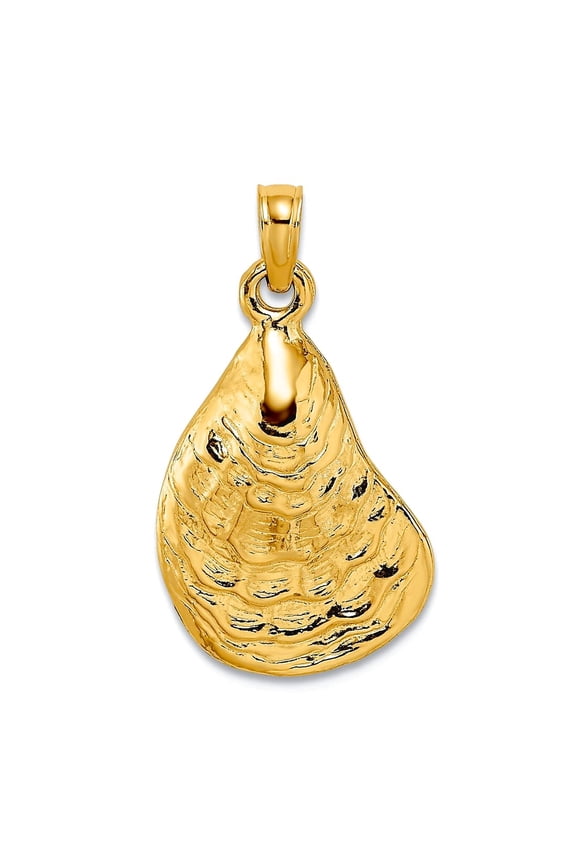 14k Gold Oyster Shell 2-d / Textured and High Polish Charm 22x13mm Wide 3mm Thick Pendant Necklace for Women