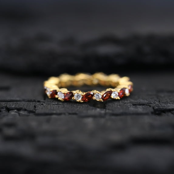 Antique Garnet Wedding Band Women Anniversary Ring Marquise Garnet Stack Ring January Birthstone Bridal Ring CZ Diamond Jewelry Gift For Her