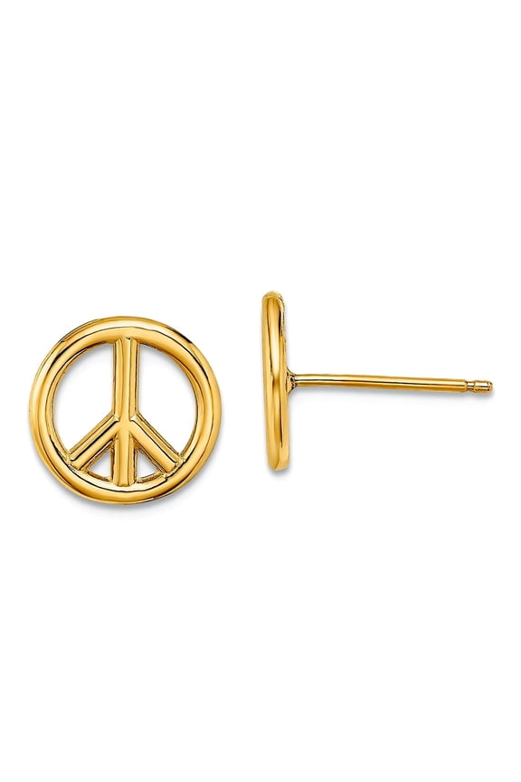 14k Gold Peace Symbol Post Earrings High Polish 10.2x10.2mm Wide Stud Earring for Women